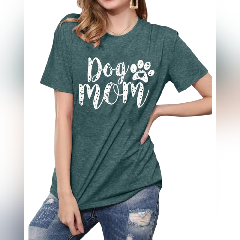 🆕 Women's Heather Teal Top With White Dog Mom Screen Print